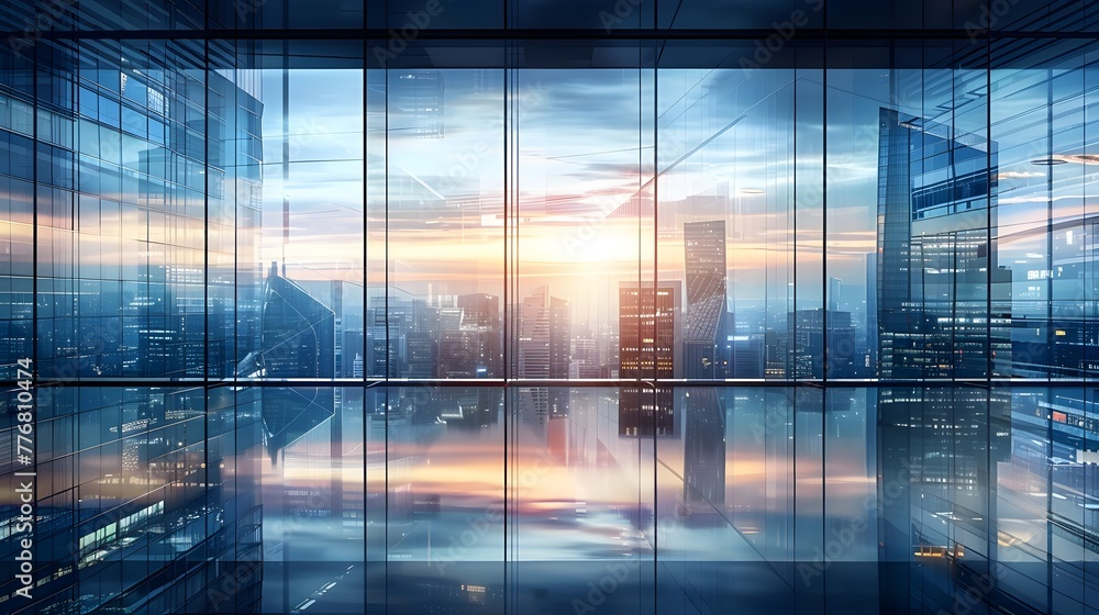 Empty High-rise modern business office skyscrapers with large bright windows. in commercial district with blue sky, symbolizing technology and innovation in business. For Design, Background, PPT Empty High-rise modern business office skyscrapers with large bright windows. in commercial district with blue sky, symbolizing technology and innovation in business. For Design, Background, PPT