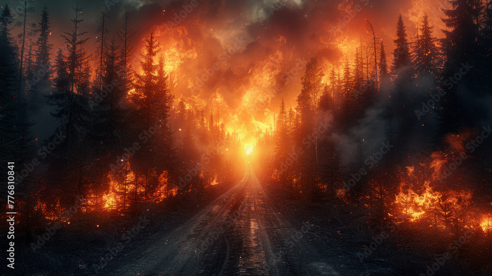 a forest on fire, we see in the foreground a road where there are no cars, because of global warming,generative ai a forest on fire, we see in the foreground a road where there are no cars, because of global warming,generative ai