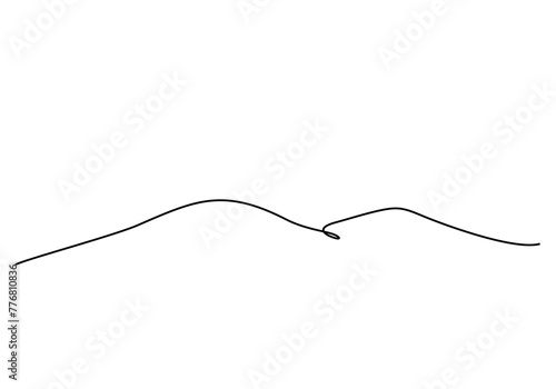 One continuous line drawing of mountain range landscape. Web banner with mounts in simple linear style. Adventure winter sports concept isolated on white background. Doodle vector illustration