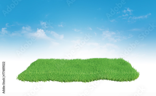 3d rendering, podium of land meadow. Green grass field over blue sky background.