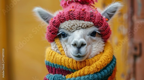 portrait of an alpaca dressed in a woolen hat and scarf