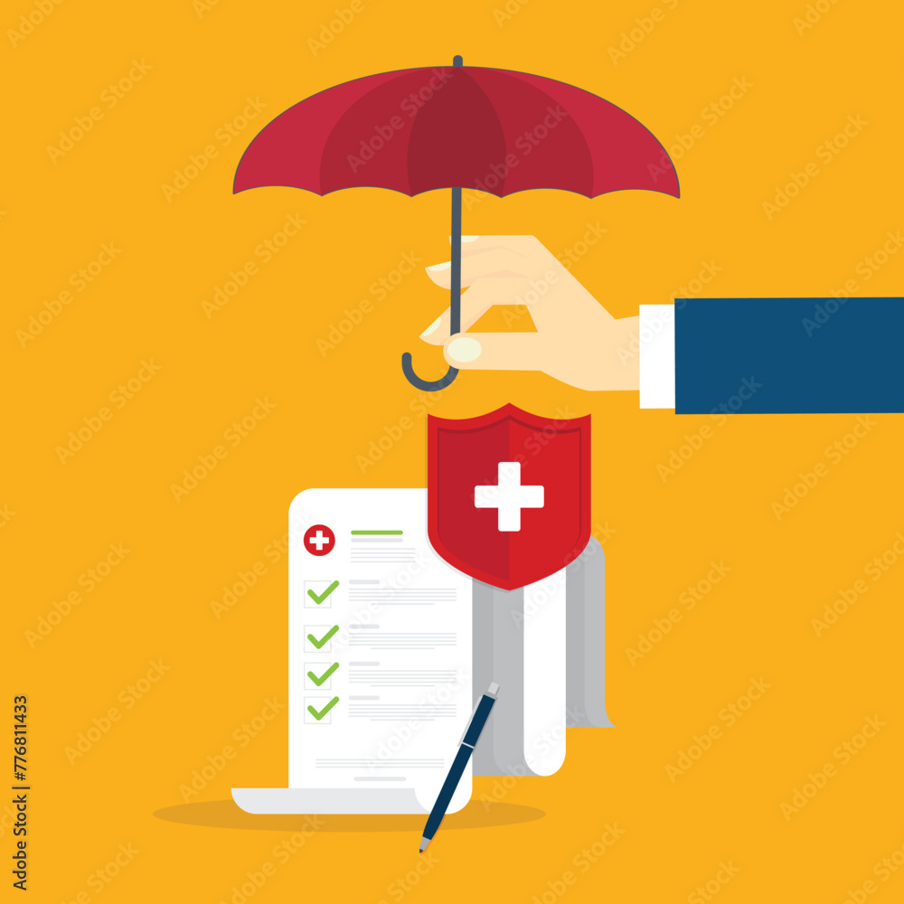 Medical healthcare insurance. Red shield on patient protection policy and pen. Medicine symbol. Medical healthcare insurance. Red shield on patient protection policy and pen. Medicine symbol.