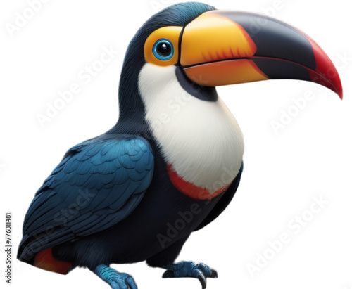 shy and cute chibi blue fantastic toucan on a branch transparent background