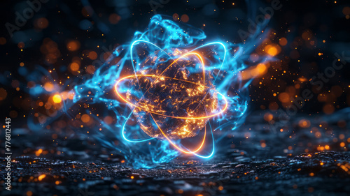a glowing blue atom with energy lines emanating from it, black background,generative ai