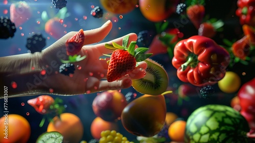Virtual reality interfaces for designing new fruit species, vivid screens, blending flavors and colors , 3D illustration, sharp focus