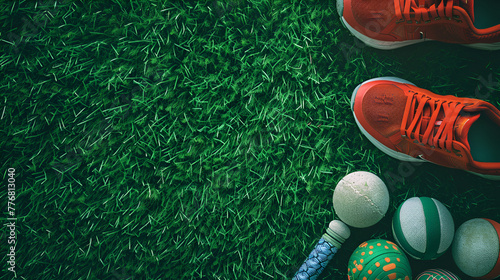 Various Sport Equipments On Grass copy space Set of sport equipment on green grass Two badminton rackets and shuttlecocks on artificial turf, Generative Ai