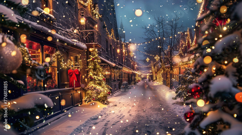 Magical winter scene on a snow-covered street with festive decorations