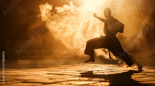 Majestic silhouette of a focused martial artist executing a powerful stance against a sunset backdrop