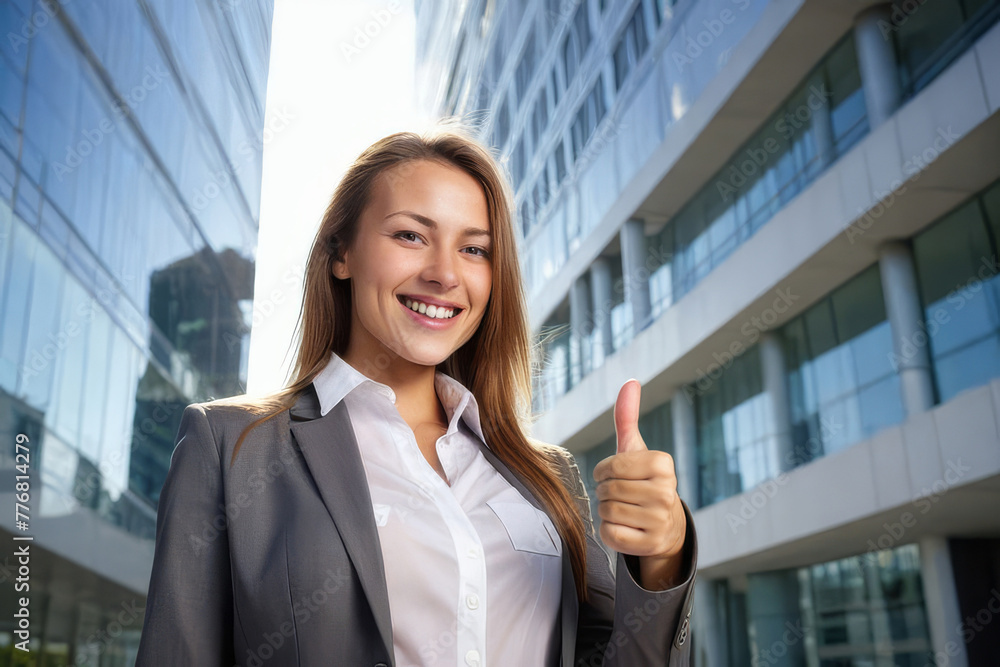 woman with thumbs up gesture in front of office building woman with thumbs up gesture in front of office building