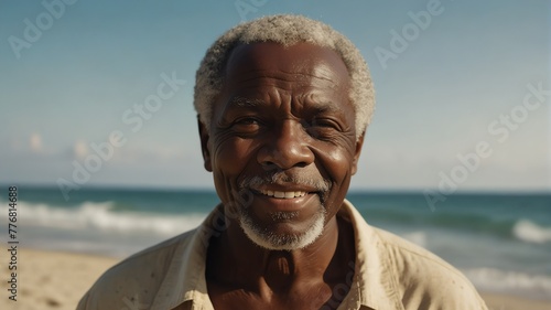 elderly black african man on bright summer beach vacation background smiling happy looking at camera with copy space for banner backdrop from Generative AI