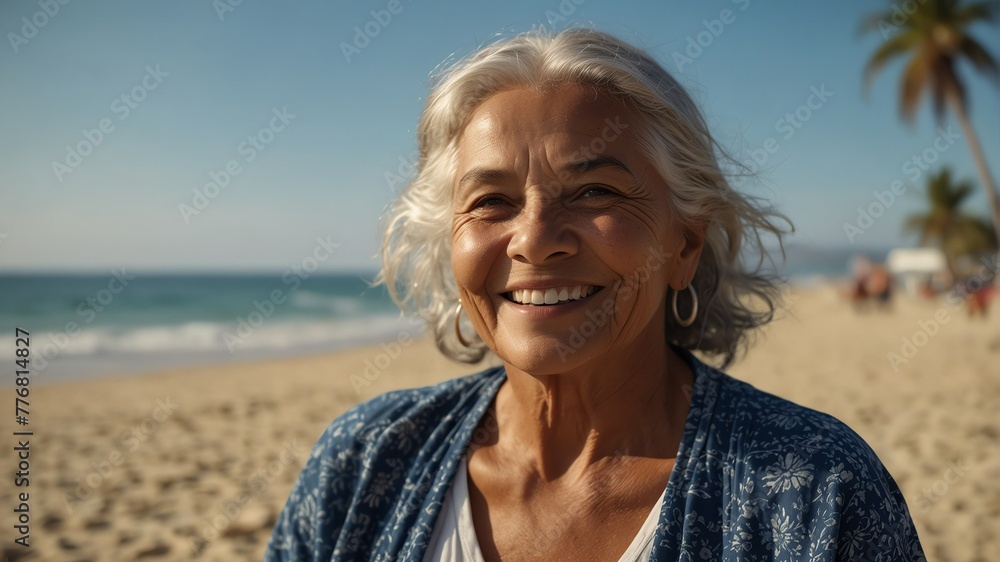 elderly indigenous woman on bright summer beach vacation background smiling happy looking at camera with copy space for banner backdrop from Generative AI elderly indigenous woman on bright summer beach vacation background smiling happy looking at camera with copy space for banner backdrop from Generative AI