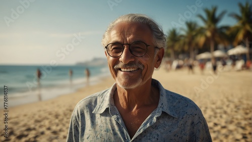 elderly middle eastern man on bright summer beach vacation background smiling happy looking at camera with copy space for banner backdrop from Generative AI