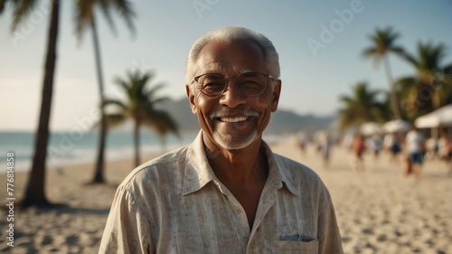 elderly multiracial man on bright summer beach vacation background smiling happy looking at camera with copy space for banner backdrop from Generative AI