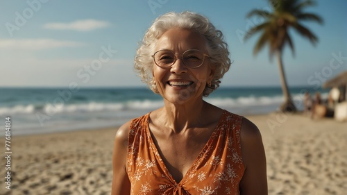 elderly multiracial woman on bright summer beach vacation background smiling happy looking at camera with copy space for banner backdrop from Generative AI