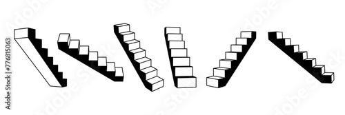 Outline stairway set. 3d narrow staircase in different perspective. Black and white stair steps collection. Graphic design element pack concept for success, growth, promotion, progress. Vector bundle