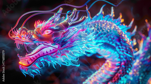 Fire asian dragon vertical. Fire Asian dragon on the dark background. Digital painting.
