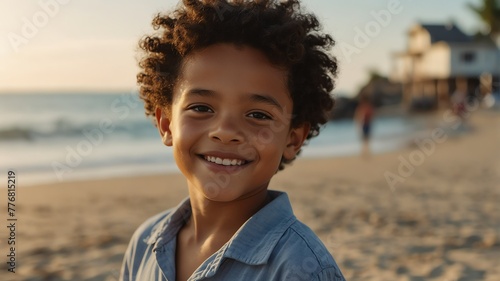 kid child multiracial boy on bright summer beach vacation background smiling happy looking at camera with copy space for banner backdrop from Generative AI