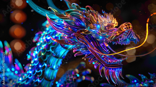 Fire asian dragon vertical. Fire Asian dragon on the dark background. Digital painting.