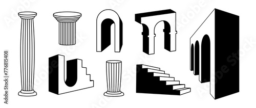 Outline arches  columns and stair collection. Surreal greek ruin element set. Black bold 3d arc doors pillars  staircase  gates bundle. Trippy shapes pack for collage  poster  banner  sticker. Vector 