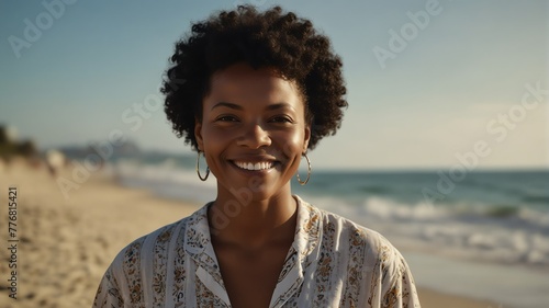 middle aged black african woman on bright summer beach vacation background smiling happy looking at camera with copy space for banner backdrop from Generative AI
