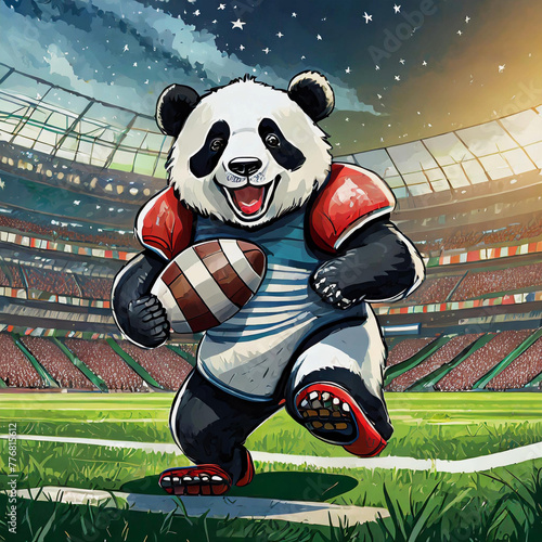 A panda playing football in the stadium