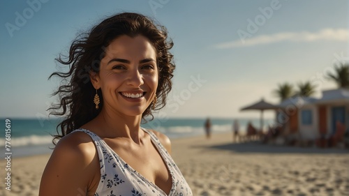 middle aged middle eastern woman on bright summer beach vacation background smiling happy looking at camera with copy space for banner backdrop from Generative AI