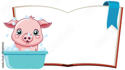 Cute piglet in a bubble bath on book cover