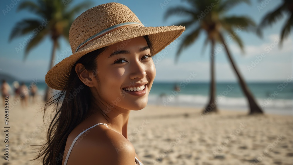 young asian woman on bright summer beach vacation background smiling happy looking at camera with copy space for banner backdrop from Generative AI