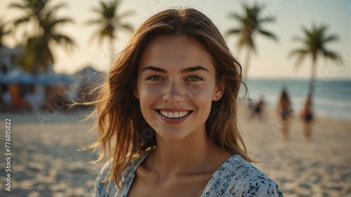 young caucasian woman on bright summer beach vacation background smiling happy looking at camera with copy space for banner backdrop from Generative AI © Arceli