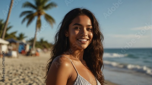 young pacific islander woman on bright summer beach vacation background smiling happy looking at camera with copy space for banner backdrop from Generative AI