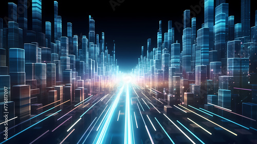 3D rendering of abstract highway path through city digital binary towers
