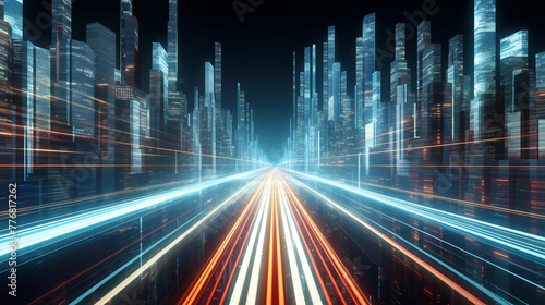 3D rendering of abstract highway path through city digital binary towers