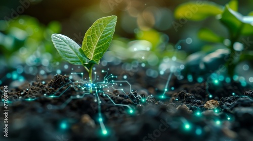 green leaf sprouts growing from the soil and futuristic