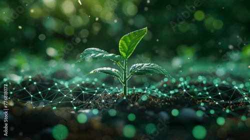 A futuristic vector graphic of a young plant sprouting in the soil