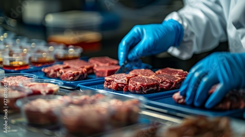 a scientists hands in blue gloves, carefully inspecting meat samples from various petri dishes