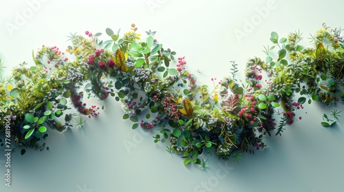A mesmerizing 3D illustration featuring the DNA strand intertwined with elements of plants and nature