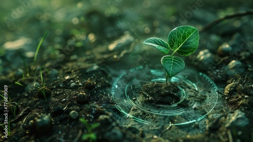 A small green plant emerges from the ground