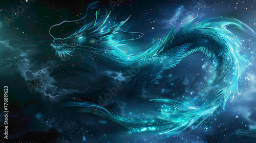 Neon-colored dragon on dark background with red and blue lights emanating from its mouth