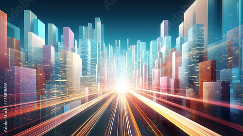3D rendering of abstract highway path through city digital binary towers