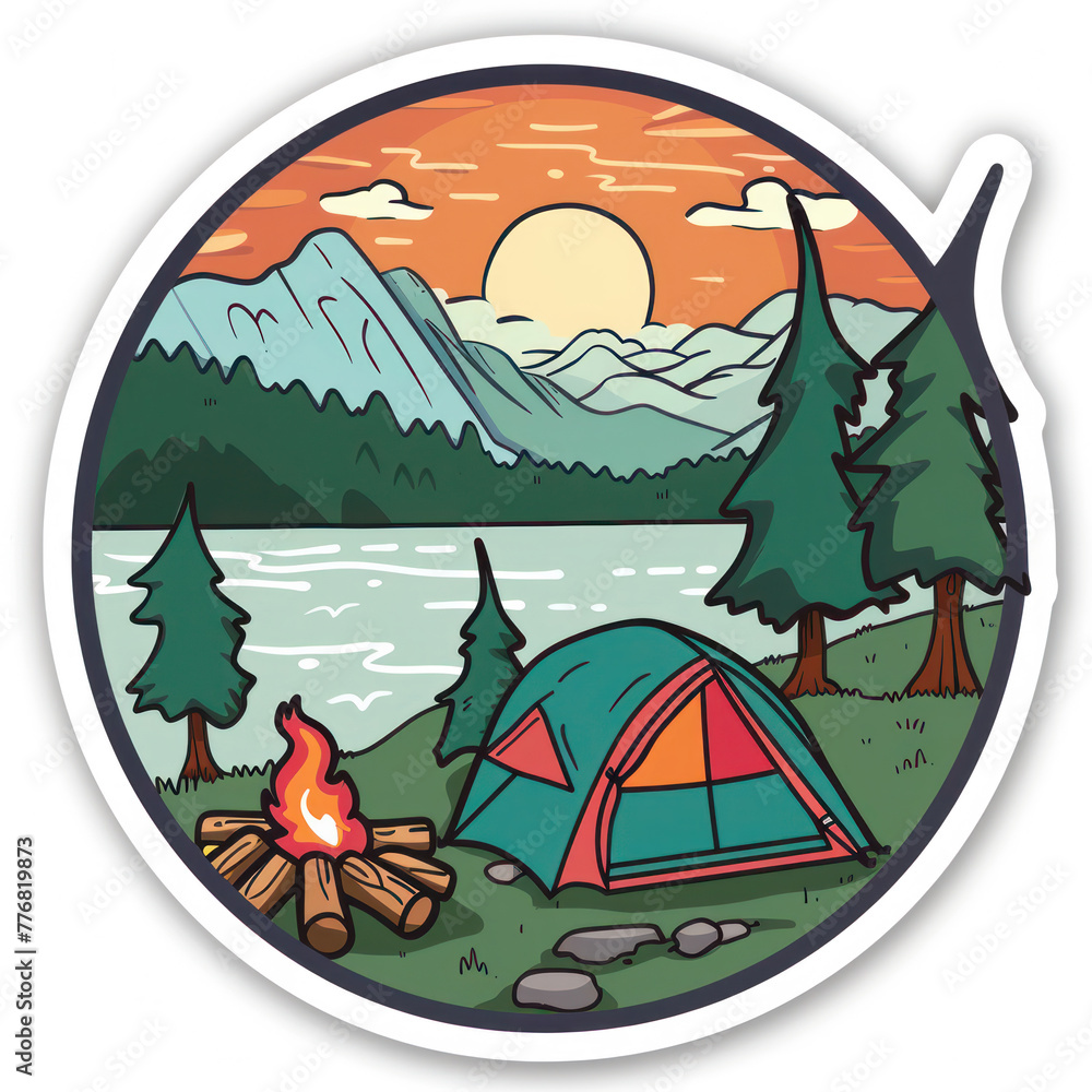 Sticker design of camping scene with tent and fire at sunset. Sticker design of camping scene with tent and fire at sunset.