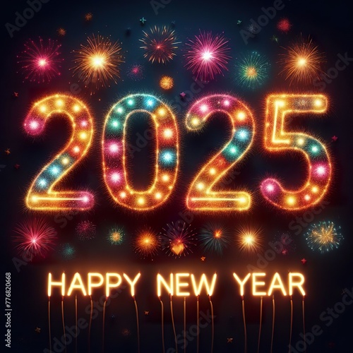 2025 text using only colorful fireworks and caption HAPPY NEW YEAR 