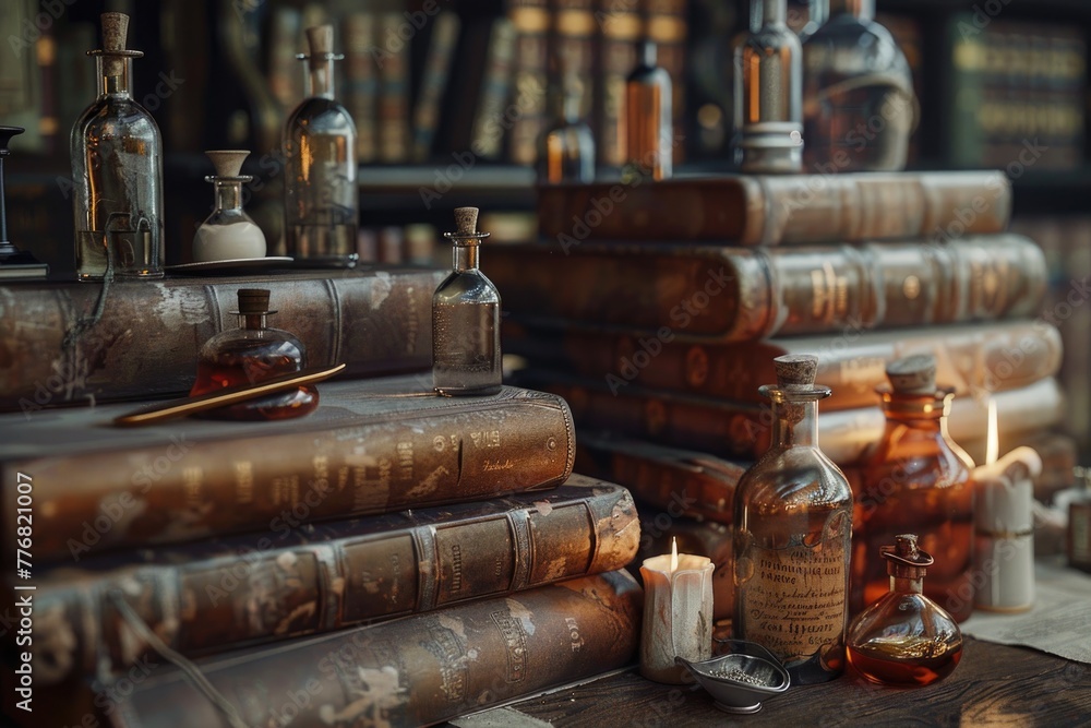 Moody, hyper-realistic scene of potion bottles hidden among aged leather books in a dark library Moody, hyper-realistic scene of potion bottles hidden among aged leather books in a dark library
