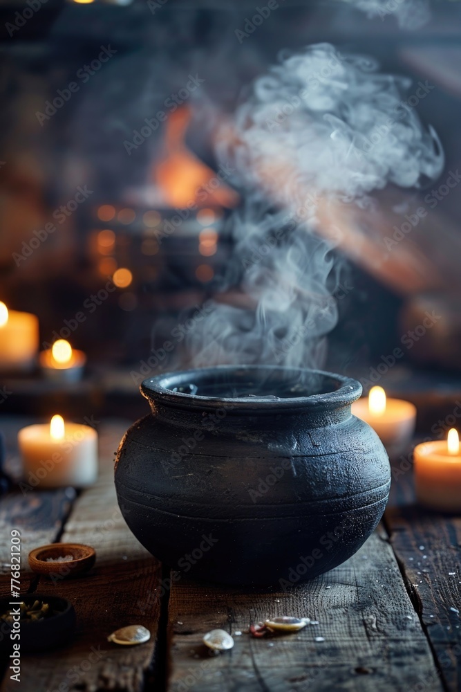 Dark, detailed cauldron on an old wooden table, potion brewing, under the light of flickering candles Dark, detailed cauldron on an old wooden table, potion brewing, under the light of flickering candles