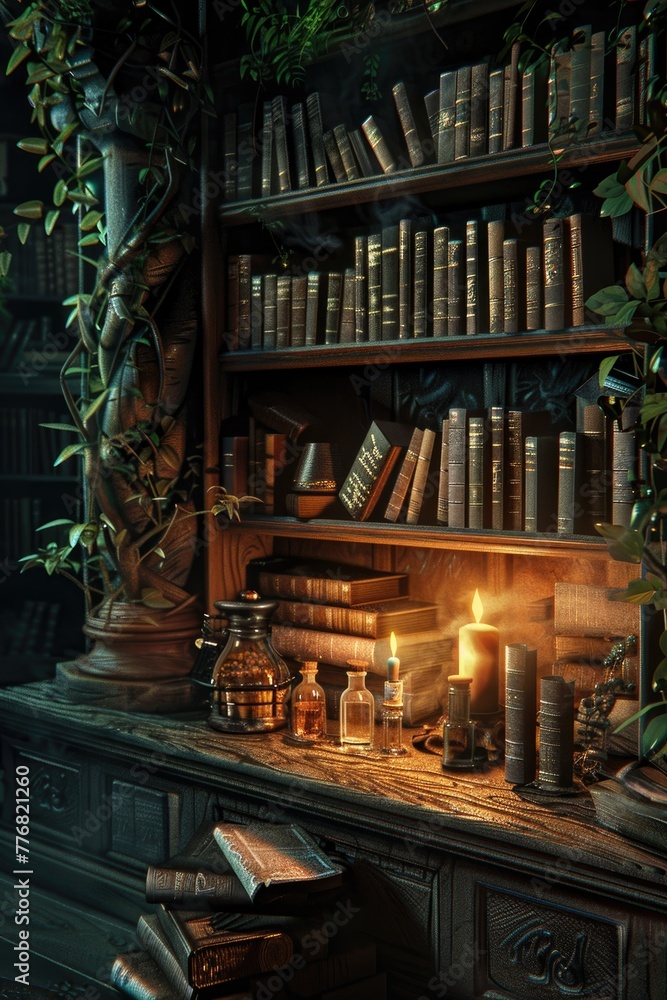 Hyper-realistic dark academia library nook, with books and potion bottles under moody, mysterious lighting Hyper-realistic dark academia library nook, with books and potion bottles under moody, mysterious lighting