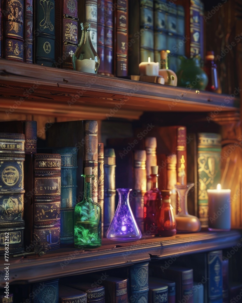 Hyper-realistic library corner, old books and colorful potion bottles under a soft, eerie light