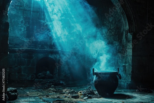 Witch's cauldron in a shadowy alcove, potion brewing, with ambient, mysterious lighting