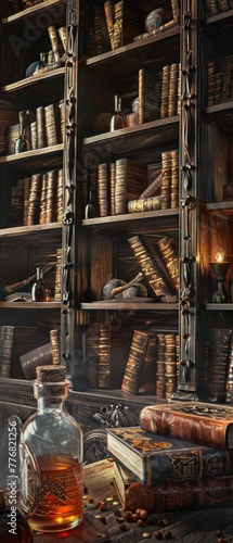 Hyper-realistic depiction of a dark  moody library with leather books and random potion bottles on shelves