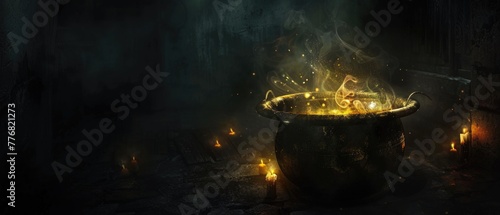 Hyper-realistic, shadowy scene of a cauldron boiling over with a magical brew, under flickering torchlight