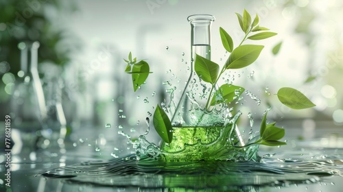 laboratory flask brimming with green liquid and adorned with plant leaves, enveloped in swirling mist or water splashes