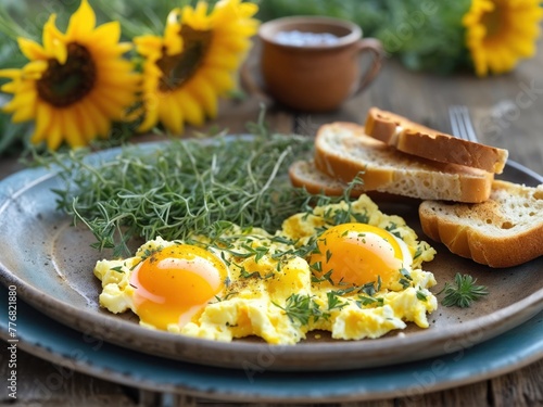 Mixed eggs, with a sprinkle of salt, cracked black pepper and fresh herbs on a wooden breakfast table set in summer.